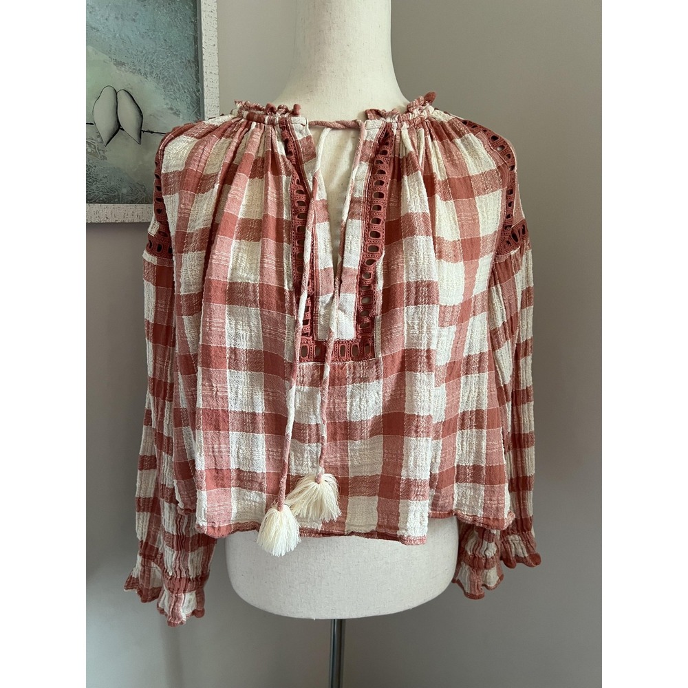 Free People Top Honey Grove Small Pink Plaid Gingham Crochet Tassel Boho Blouse
